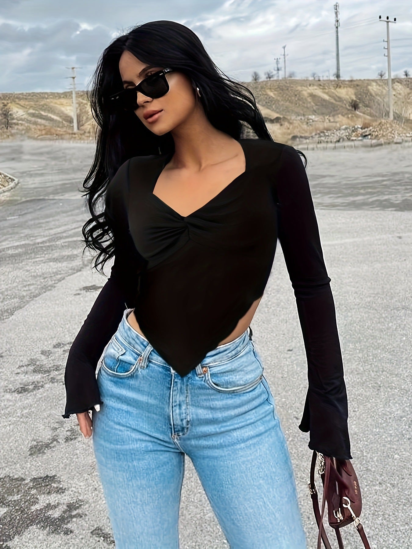 Variant image for Dam Långärmad T-shirt V-ringad Monokrom Polyester-1