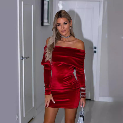Variant image for Dam Off-Shoulder Bodycon Klänning Sammet Midi för Fest och Sommar-1