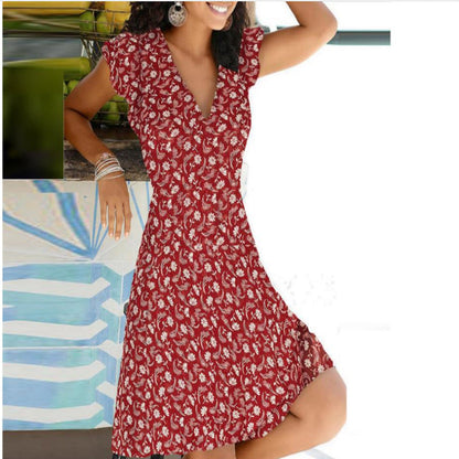 Fina Dam Klänningar V-ringad A-linjeformad med Tryckta Blommor Bomull och Polyester-1