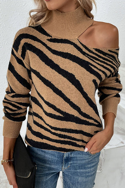 Dam Turtleneck Tröja med Tigertryck och Kontraststickning i Polyester 7
