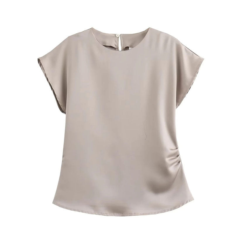 Kvinnors Satin Set Fållad Top Tre Fjärdedelar Vida Byxor Polyester-1