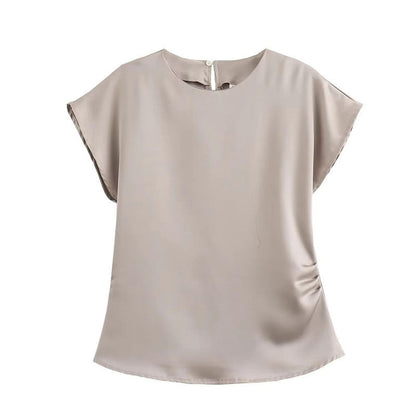 Kvinnors Satin Set Fållad Top Tre Fjärdedelar Vida Byxor Polyester-1