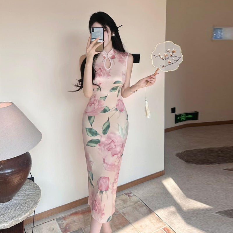 Kvinnors Lång Qipao Klänning Blommönster Högkvalitativt Tyg-3