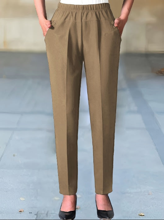 Kvinnors Chino-byxor med Elastiskt Midjeband, Rakt Snitt, Andningsbart Tyg och Praktiska Väskor 1