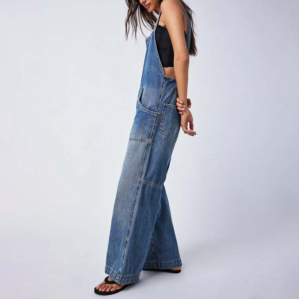 Dam Jumpsuit Justerbara Bärarben i Denim Smal Passform-4