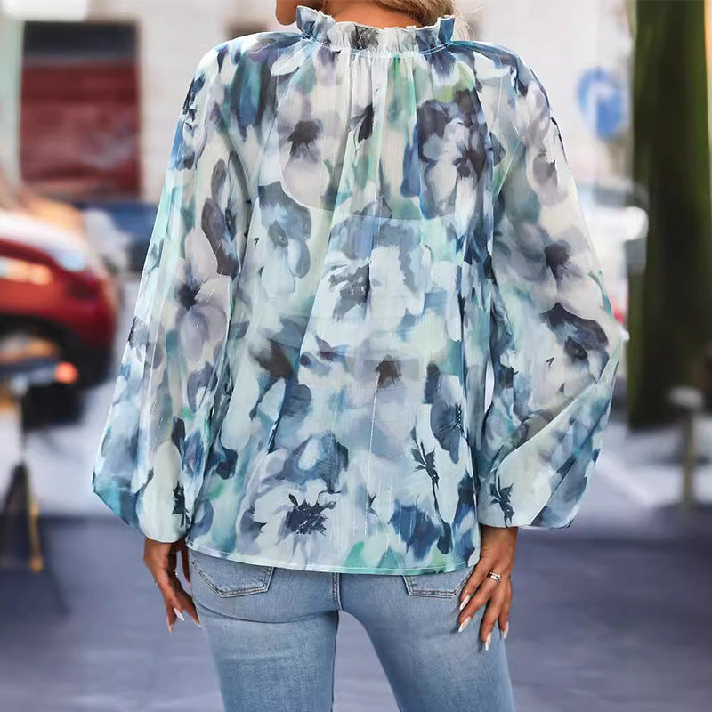 Dam Skjorta Halvkrage Löst Sittande Vävt Tyg-4