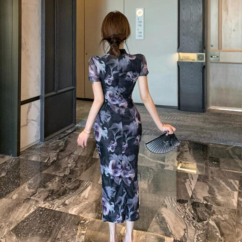 Kvinna Cheongsam Klänning Slim Fit Polyester Hög Slits Tre-Kvarts Ärmar-4