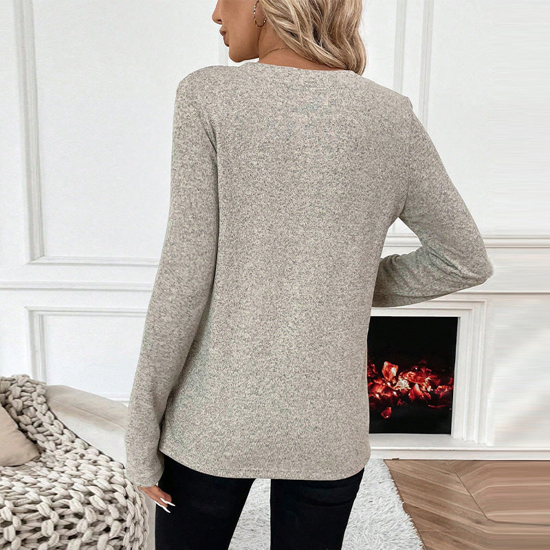 Dam Långärmad T-shirt V-ringning Stickad Spandex-4