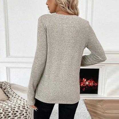 Dam Långärmad T-shirt V-ringning Stickad Spandex-4