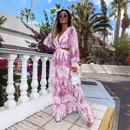 Kvinna A-Line Klänning Blommig V-ringning Långa Ärmar Polyester Bomull 4