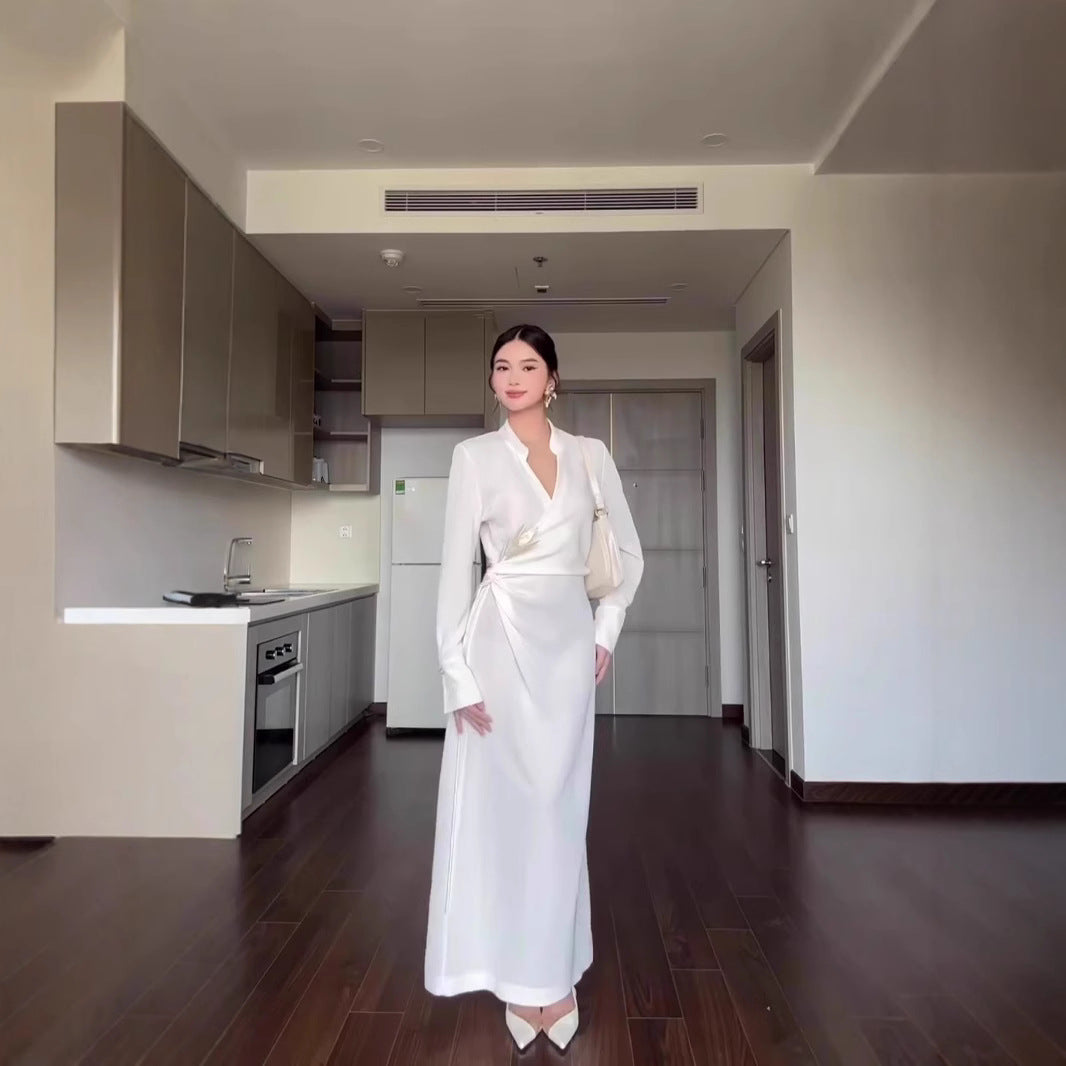 Maxiklänning Dam Asymmetrisk V-Hals i Högkvalitativt Tyg-2