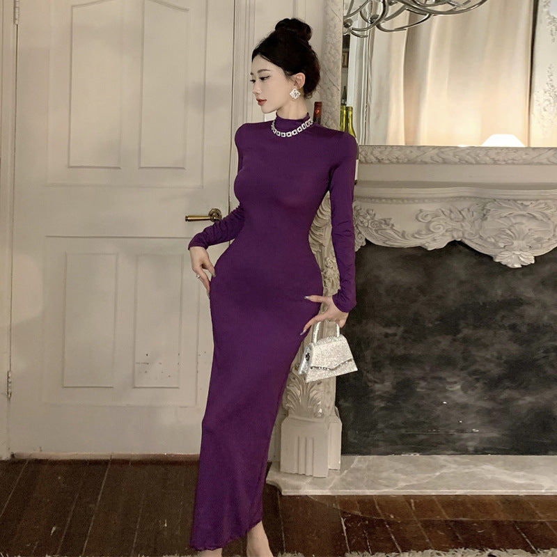 Dam Klänning Rundhals Slim Fit Lång Polyester Fina Dam Klänningar-3