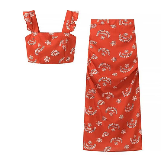 Dam Fritidsdräkt Slim-Fit Mönstrad Polyester Top och Kjol Set-1