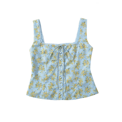 Kvinnors Blommig Topp i Bomull med Delikat Samling och Breda Spaghettiband – Sommartopp för Avslappnade och Eleganta Tillfällen 5