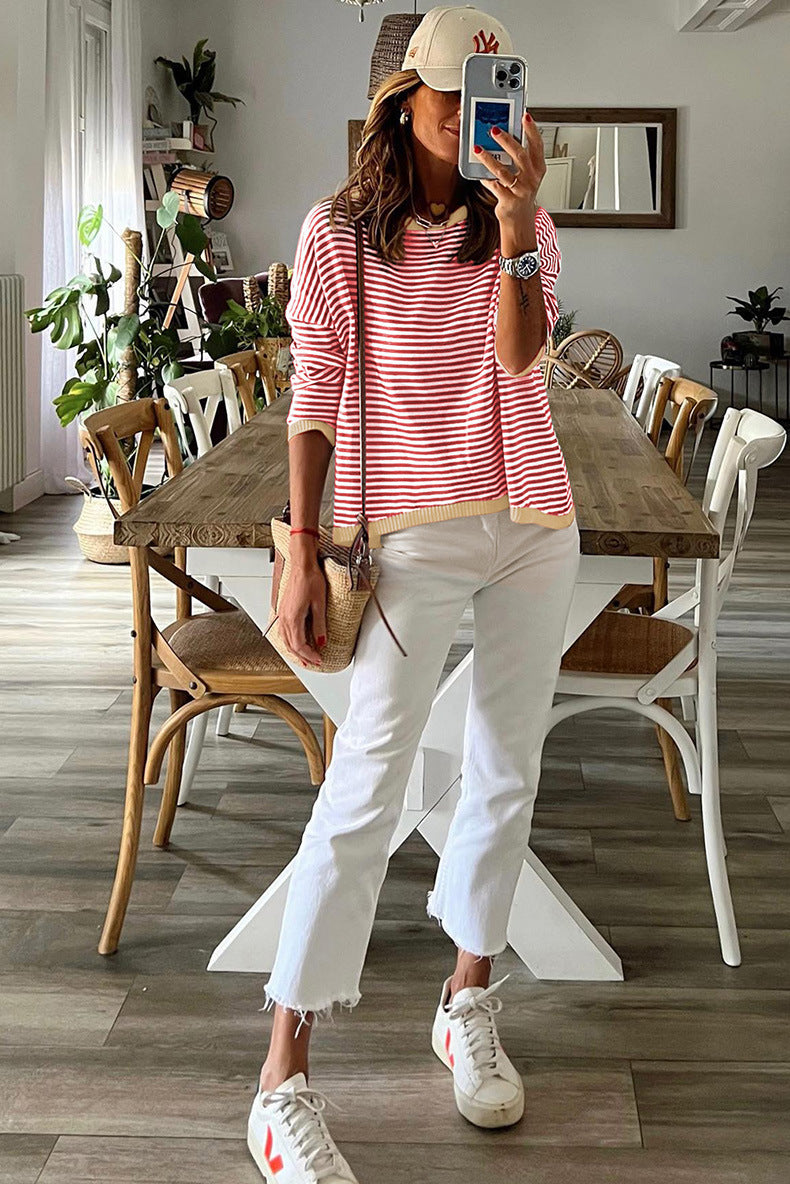 Variant image for Dam Pullover Droppaxel Mjuk Fiber Kontrasterande Ränder-3