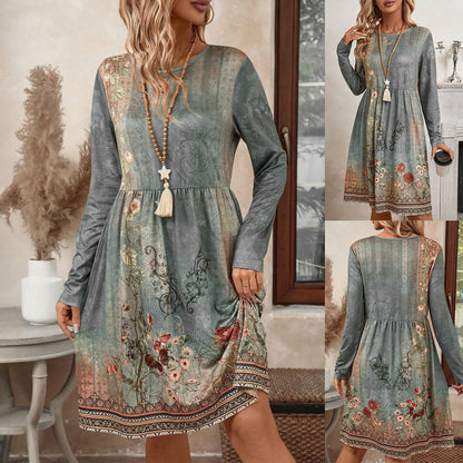 Kvinnor Midi Klänning Blommig Långärmad Polyester-2