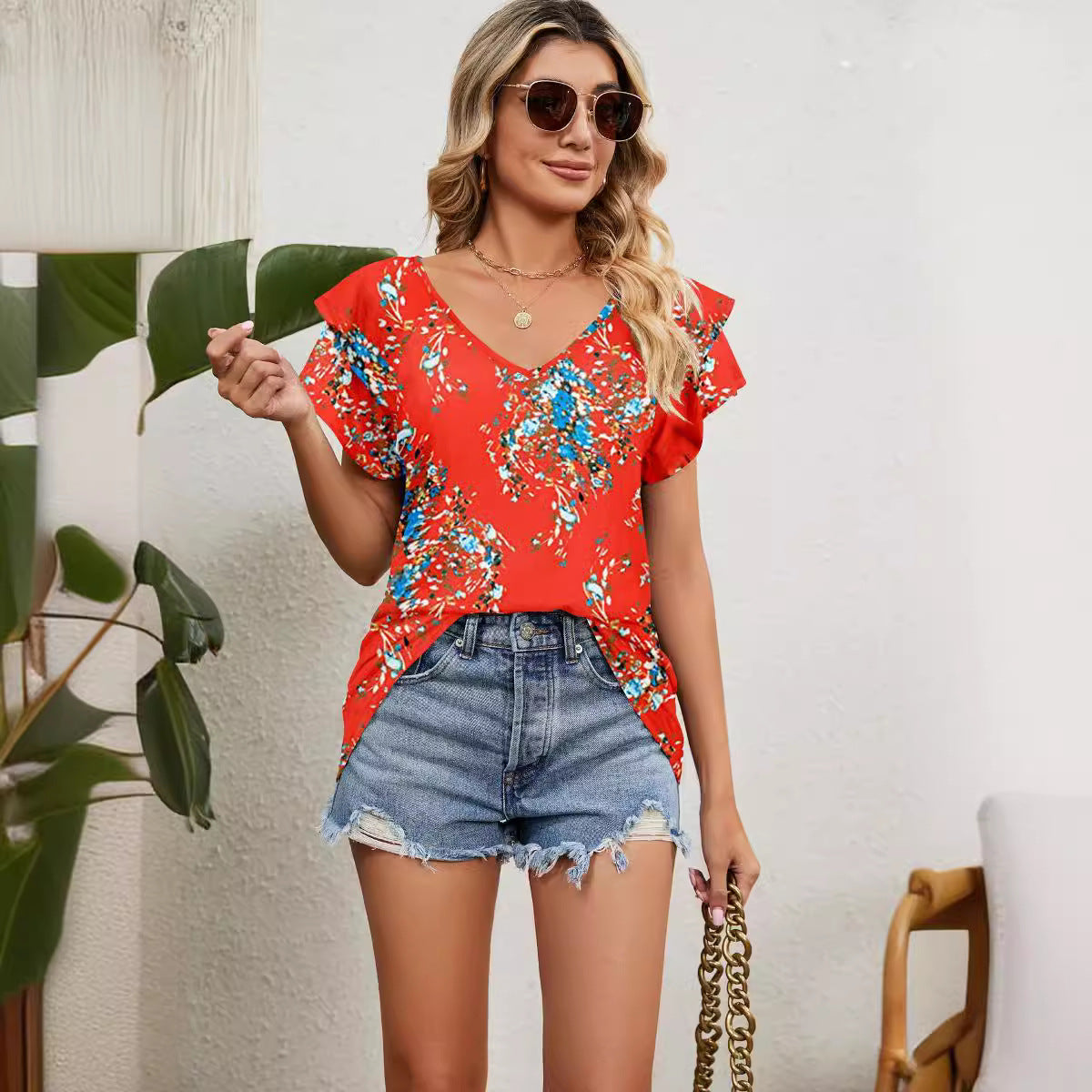 Kvinna Tunika V-ringning Blommönster Luftigt Tyg-2