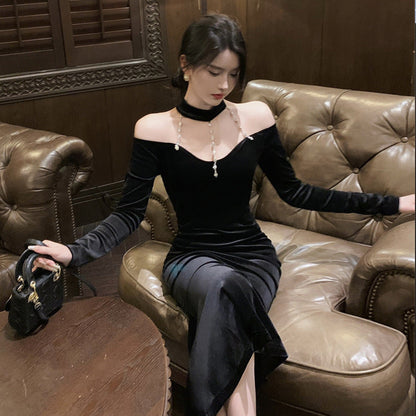 Kvinnors Stropplös Klänning Sjöjungfrustil Sammet-5