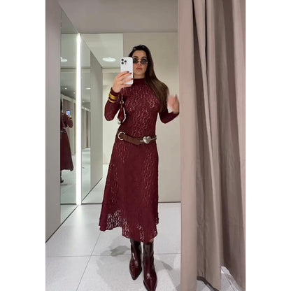 Dam Maxiklänning Elegant Hög Krage Toppmaterial med Rüsch-Detaljer-5