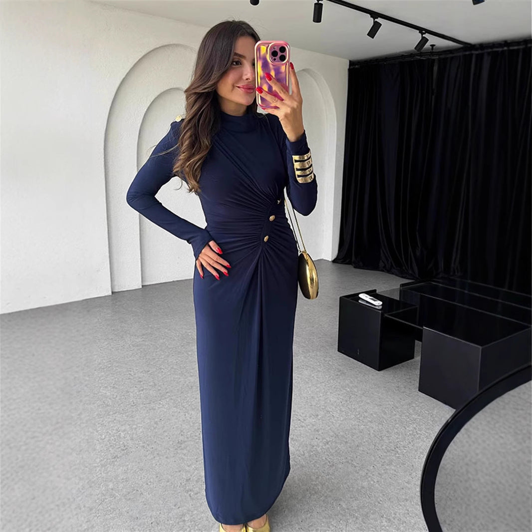 Elegant A-Linje Damklänning med Långa Ärmar och Midjeknapp – 100% Polyester, Fina Dam Klänningar för Vardags och Fest 4