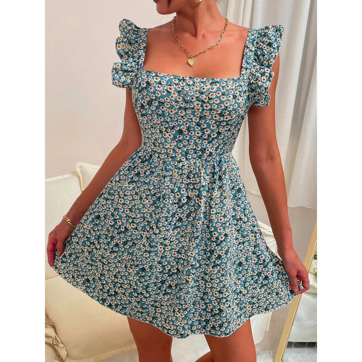 Dam Sommarklänning Blommönster med Rufflar i Andningsbart Tyg 5