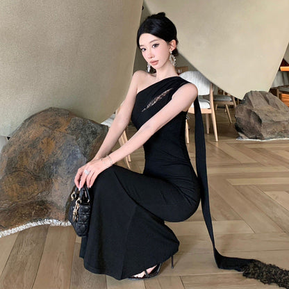 Dam Klänning Asymmetrisk Off-Shoulder Patchwork Lång Polyester-4