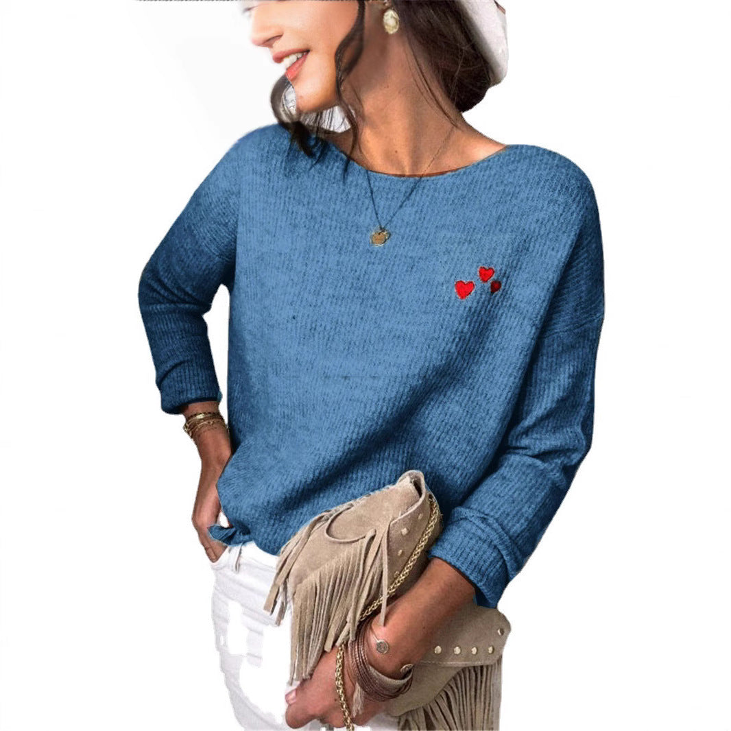 Dam Tröja Broderad Hjärta Långärmad 100% Bomull-4