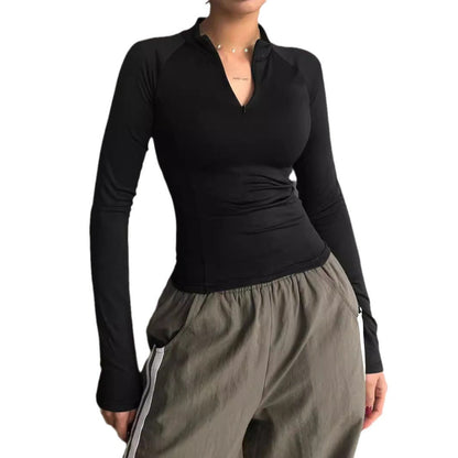 Dam Kort Topp Halvöppen Krage Polyester Långärmad-5