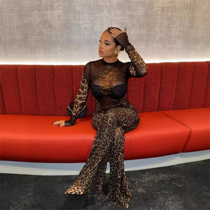 Dam Leopardprint Topp och Byxor Set Spandex Polyester-4