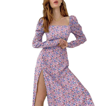 Kvinna Bohemisk Klänning Blommönster Lång Ärmar Högkvalitativt Tyg-6