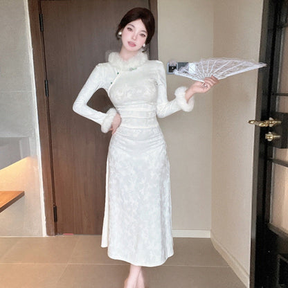 Kvinna Qipao Klänning Långärmad Slim Fit Polyester-2