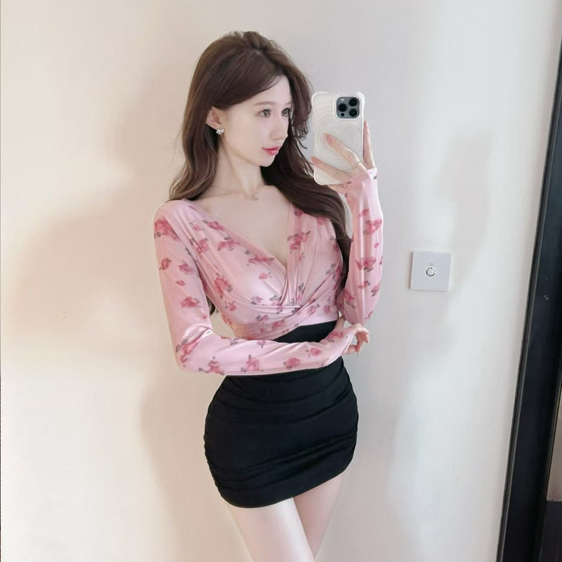 Dam Klänning Bodycon Djupt V-ringning Mesh-tryck Polyester Elastan-3