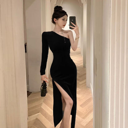 Damklänning Off-Shoulder Asymmetrisk Polyester med Hög Slits-2