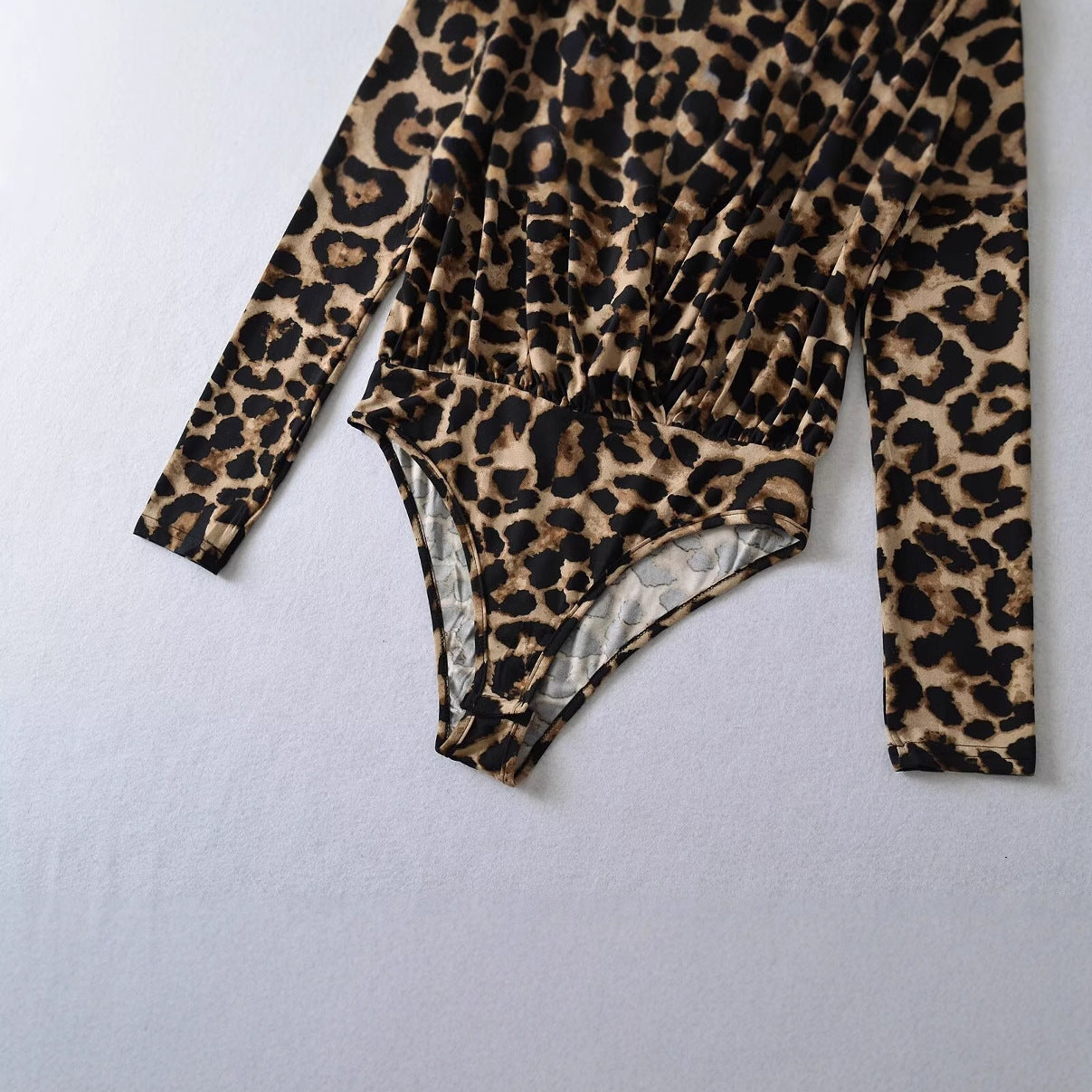 Kvinnors Kropp Djup V-ringning Långa Ärmar Elastiskt Tyg Leopardmönster 3