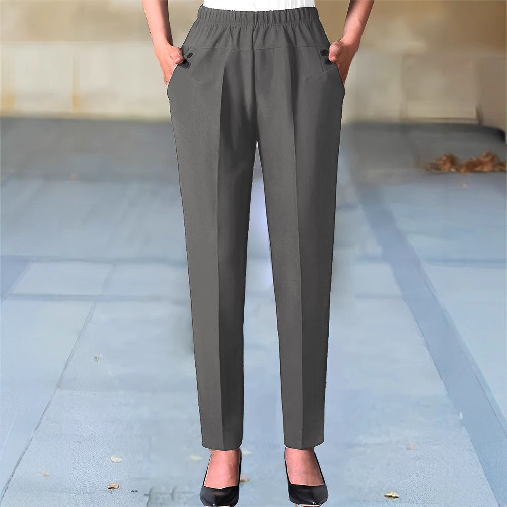 Kvinnors Chino-byxor med Elastiskt Midjeband, Rakt Snitt, Andningsbart Tyg och Praktiska Väskor 5