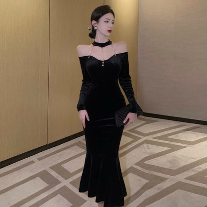 Kvinna Sjöjungfru Klänning Stropplös Långärmad Högkvalitativt Tyg-5