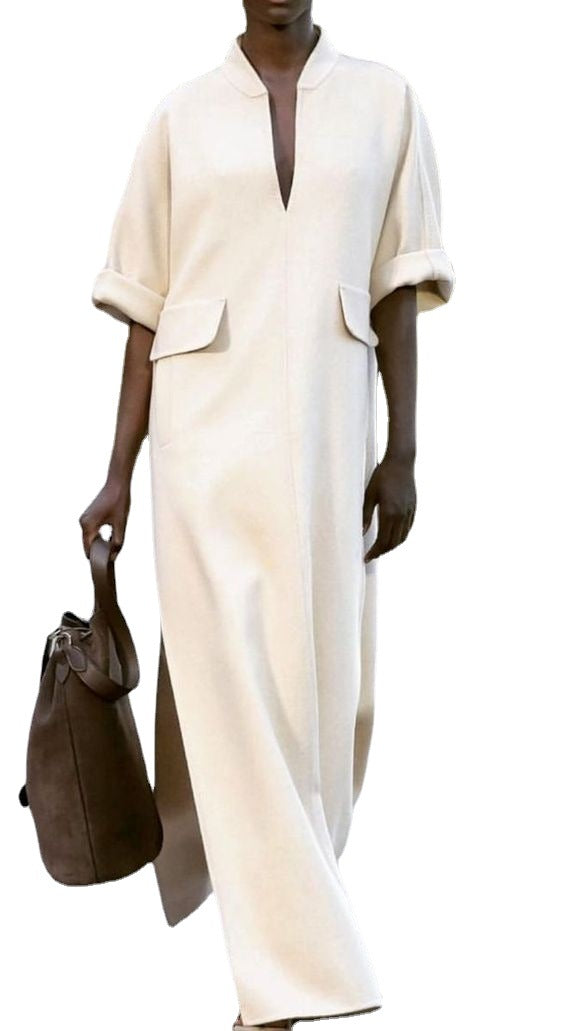 Kvinnors Lång Klänning V-hals Korta Ärmar Polyester-5