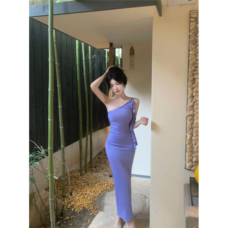 Kvinnors Lång Klänning Asymmetrisk Axeldesign Polyester Elastan-3