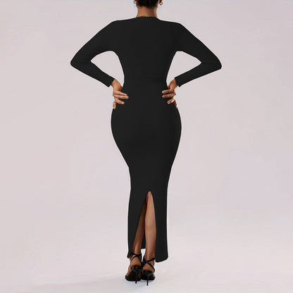 Dam Maxiklänning Långärmad Fyrkantig Halsringning Elastiskt Tyg-5