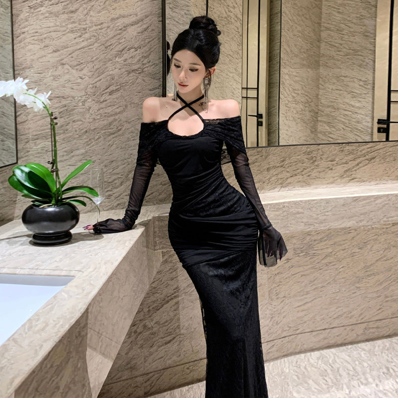 Kvinnors En-Axel Klänning Halter Stil Högkvalitativt Tyg-1