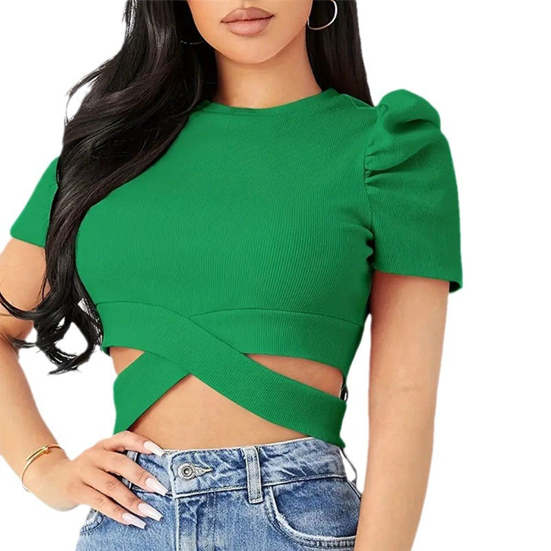 Dam Festtopp Korsad Design med Puffärmar i Elastisk Bomullsmix 6