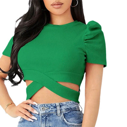 Dam Festtopp Korsad Design med Puffärmar i Elastisk Bomullsmix 6