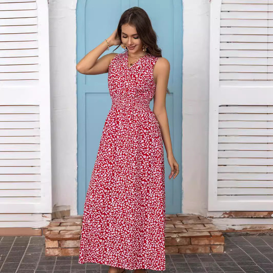 A-linjeformad Maxiklänning Dam med Blommönster, Ärmlös V-ringning, Lång Klänning i Polyester 5