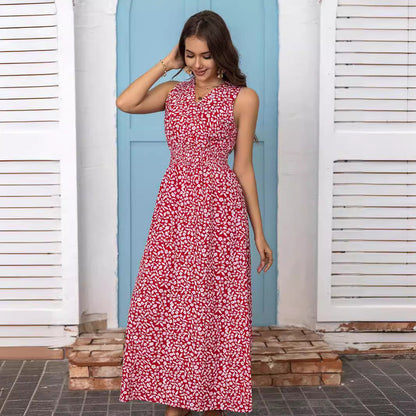 A-linjeformad Maxiklänning Dam med Blommönster, Ärmlös V-ringning, Lång Klänning i Polyester 5