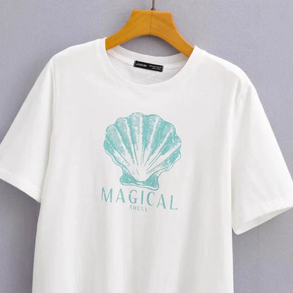 Dam T-shirt Avslappnad Snitt 100% Bomull med Kreativt Skaltryck-3