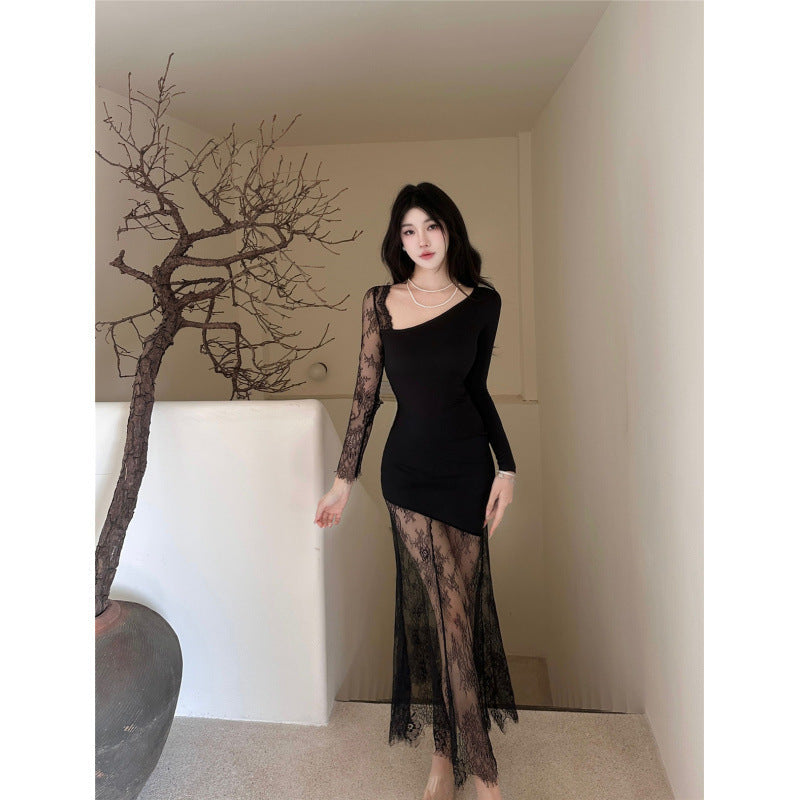 Dam Festtoppar Asymmetrisk Långärmad Polyester Elastan-3