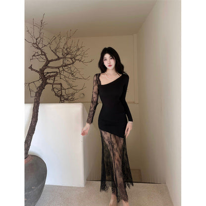 Dam Festtoppar Asymmetrisk Långärmad Polyester Elastan-3