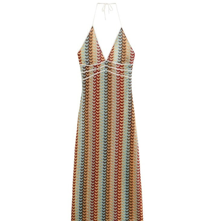 Kvinnors Stickad Klänning Djup V-ringning Vågmönster-6