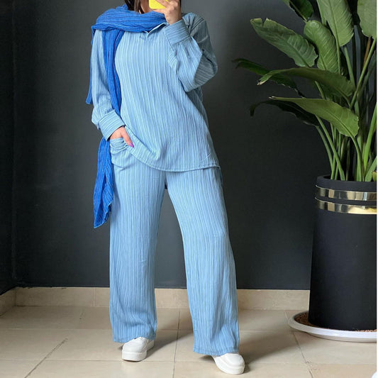 Dam Långärmad Skjorta Löst Passande Byxor Polyester Urban Stil-1