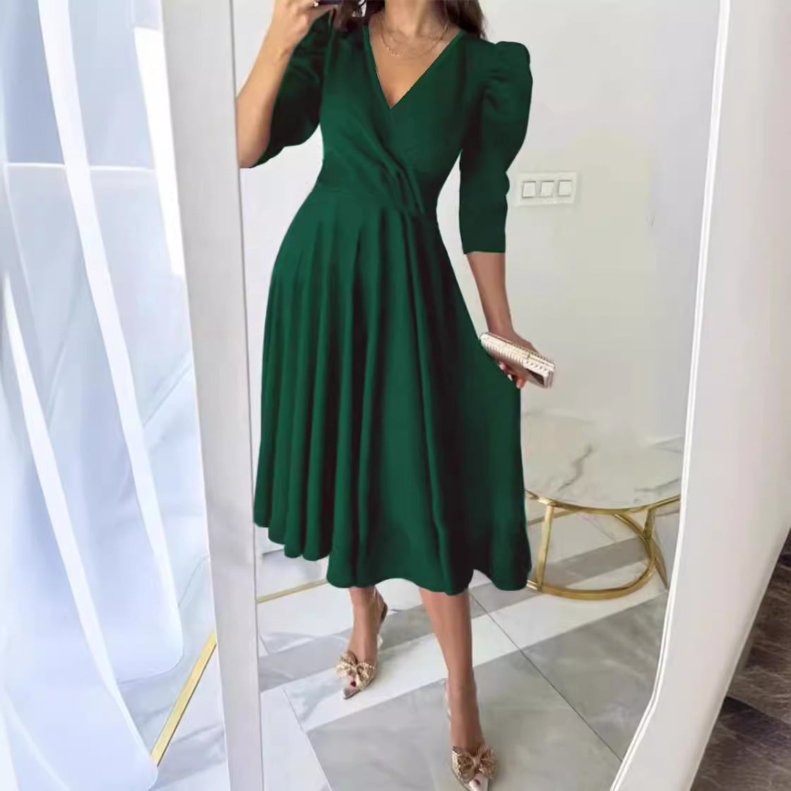 Variant image for Dam Klänning med Veckad Midja och Tre-Fjärdedels Ärmar i Polyester-12